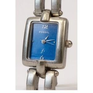 Fossil‎ Womens Silver Tone Watch Blue Face Rectangle Tank ES-9098